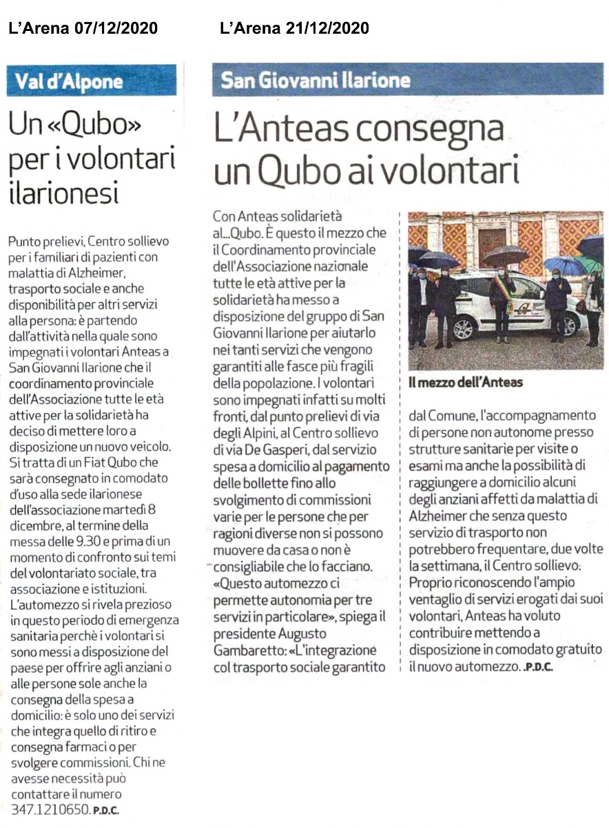 ANTEAS mette a disposizione un Fiat Qubo per trasporto sociale ANTEAS mette a disposizione un Fiat Qubo per trasporto sociale